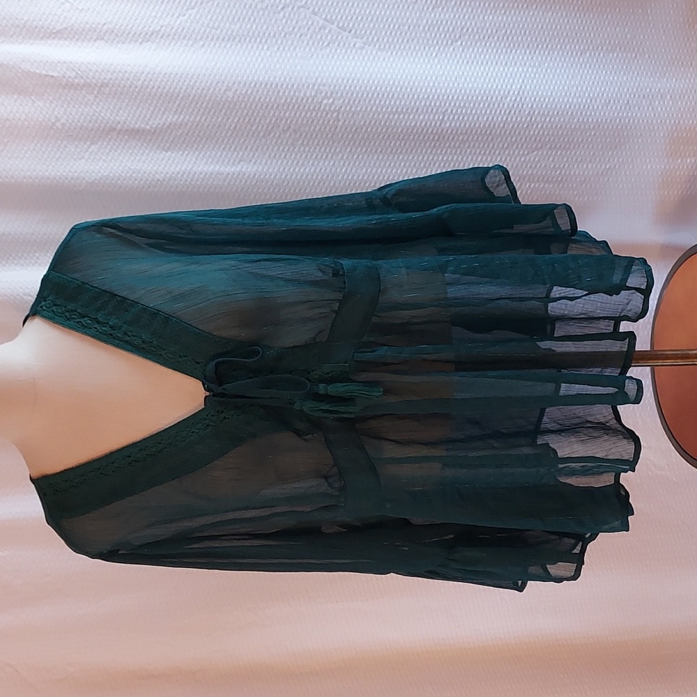 TORRID Women's Top Babydoll Ruffled Poet Sleeves Sheer Green Gold 1X